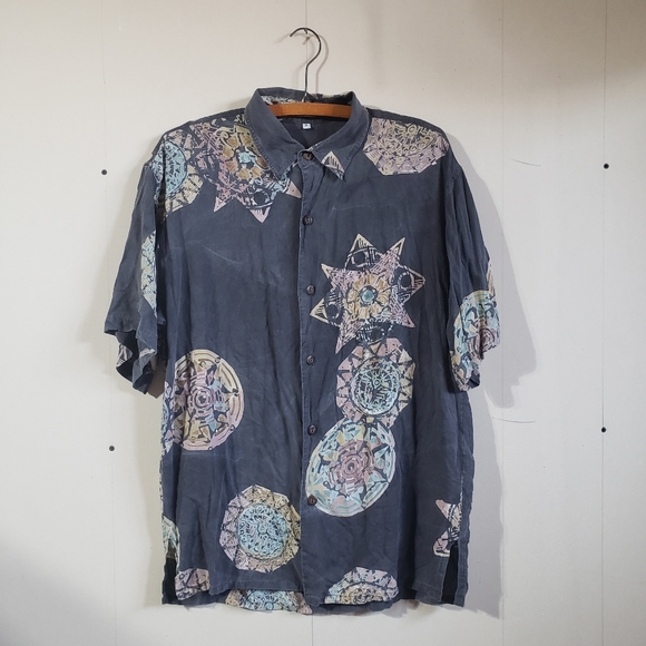 Tugu men's grey colorful Batik button down short sleeve shirt loose fitting sz S - Picture 1 of 14